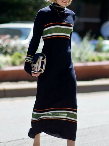 

Vacation Striped Long Sleeve Sweater Dress, As picture, Midi Dresses