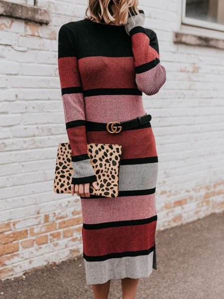 

Elegant Striped Regular Fit Sweater Dress, As picture, Midi Dresses
