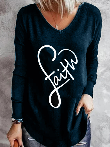 

Heart Print Letter V-Neck Long Sleeves T-shirts, Navy blue, Long sleeve tops