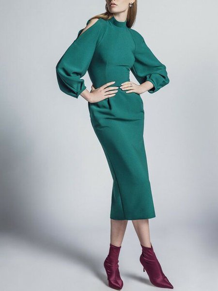 

Daily Work Vintage Elegant Stand Collar Dress, Green, Midi Dresses