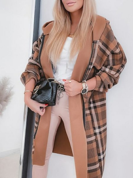 

Checked Hooded Zip Long Jacket, As picture, Coats
