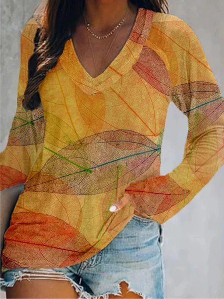 

Casuale Maniche Lunghe Scollo a V taglia grande Stampato Top T-shirts, Giallo, Blouses & Shirts
