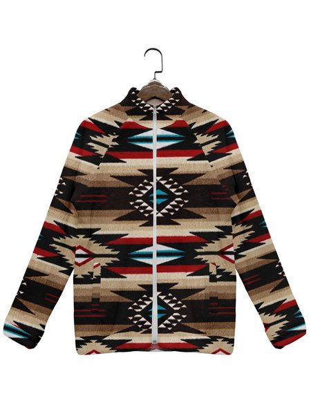 

Fleece Native Print Long Sleeve Zipper Jacket, Khaki, Jackets & Coats