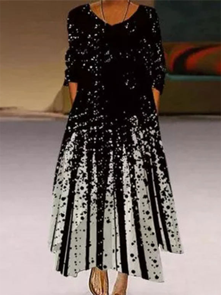 

Long Sleeve Printed Casual V Neck Dresses, As picture, Maxi Dresses