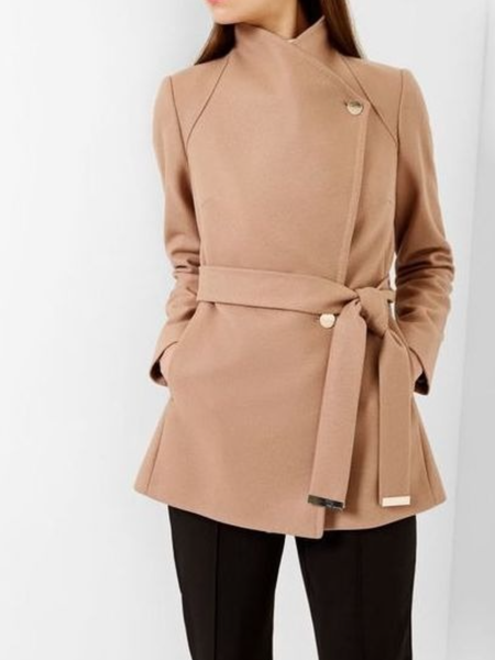 

Fall Elegant Mid-weight Non-Stretch Stand Collar Long sleeve Outerwear, Khaki, Coats