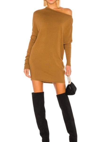 

Fall Elegant Regular Fit Mid-weight High Stretch One Shoulder Dresses, Brown, Mini Dresses
