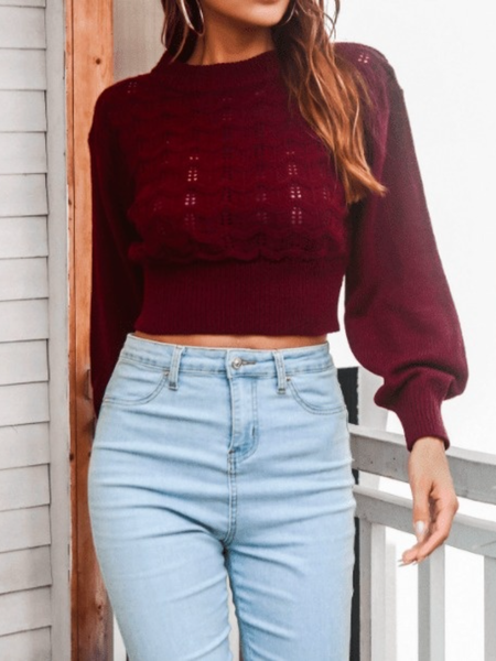 

Fall Plain Regular Fit Slightly stretchy Mid-weight Crew Neck Sweater, Wine red, Pullovers