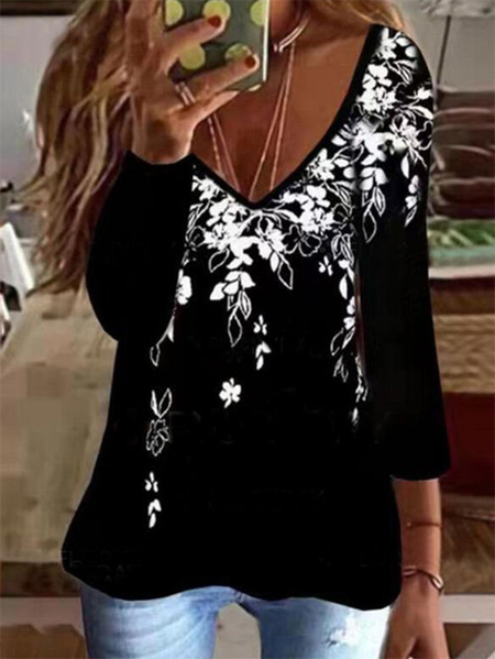 

Long Sleeve Floral V Neck Casual Shirts & Tops, As picture, T-Shirts