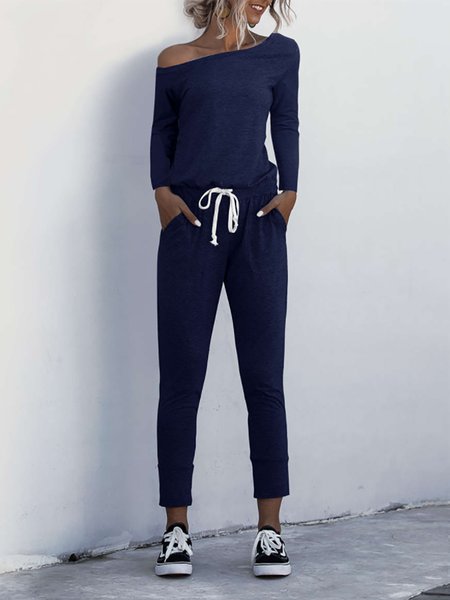 

Casuale Solido Maniche Lunghe Asimmetrico Collo Pezzi interi, Navy blu, Jumpsuits