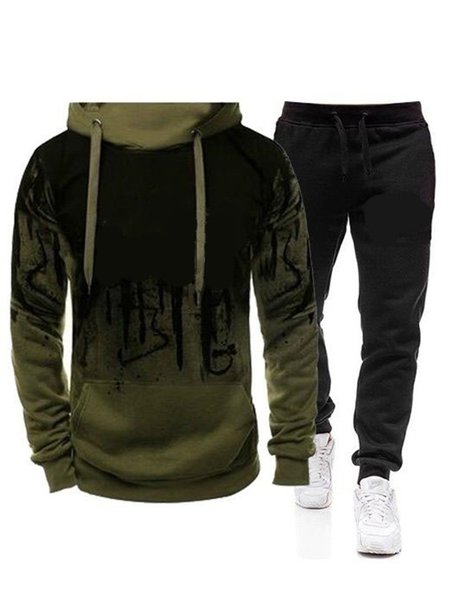Casual Hooded & Sweat[pants Suits, Army green, Men's sets