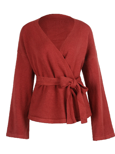 

V Neck Off Shoulder Lace-Up Outerwear With Belt, Rust, Outerwear
