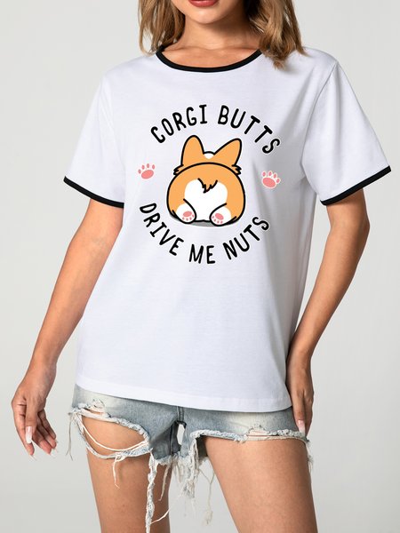 

Unocis Corgi Printed Crew Neck Short Sleeve Ringer Tee, Black, T-shirts
