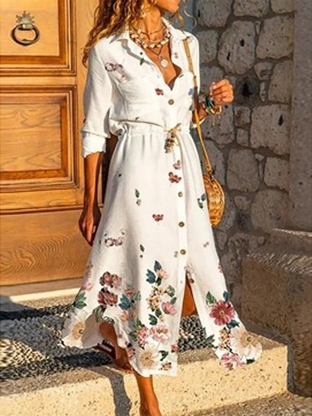 Floreale signora Maniche Lunghe Colletto a Camicia Abito, Bianco, Midi Dresses