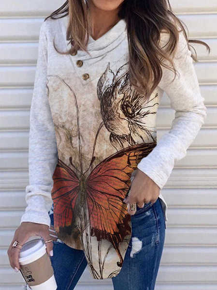 

Casual Butterfly Cowl Neck Shirts & Tops, White, Long sleeve tops