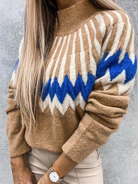 

High Neck Simple Regular Fit Sweater, Khaki, Pullovers