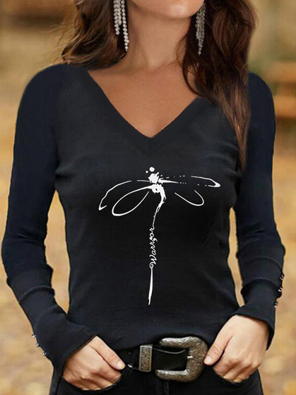 

Cotton Blends Loosen V Neck Shirts & Tops, Black, Tees & T-shirts