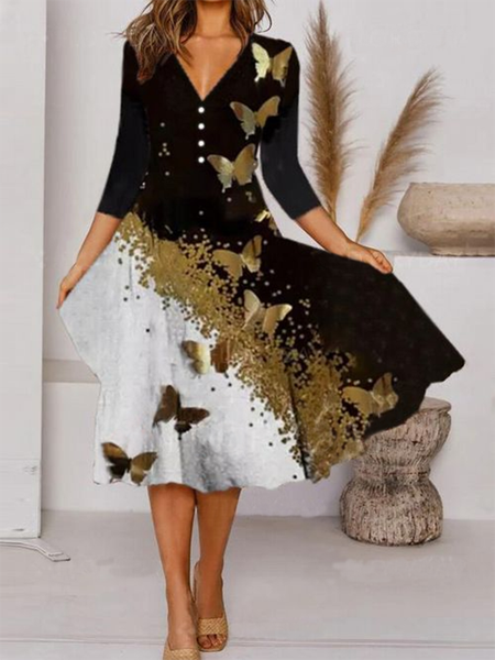 

Farfalla Stampato Maniche Lunghe Scollo a V Gonna Casuale, Come immagine, Midi Dresses