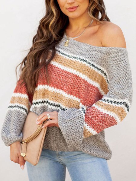 

Elegant Lady Casual Loosen Striped Sweater, Gray, Pullovers