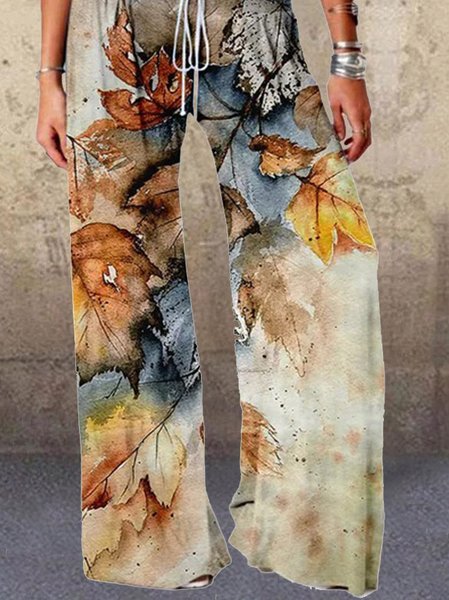 

Vintage Leaf Print Wide-leg Trousers, As picture, Pants