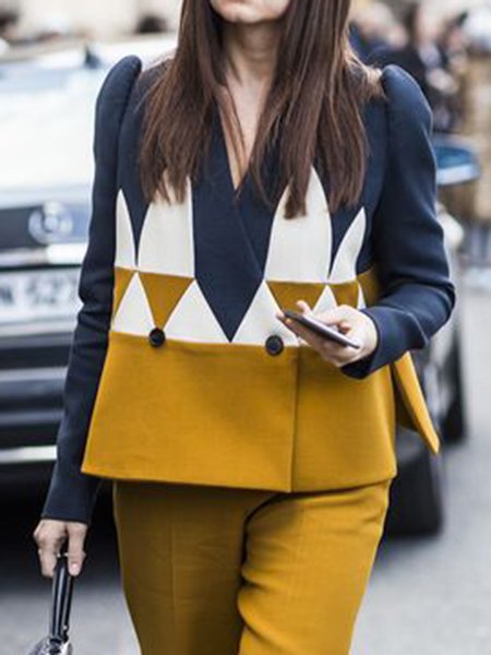 

Long sleeve Elegant V neck Geometric Outerwear, Yellow, Coats