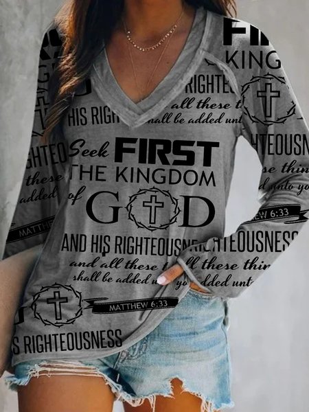 

Casual Long Sleeve V Neck Plus Size Printed Tops T-shirts, Gray, T-Shirts