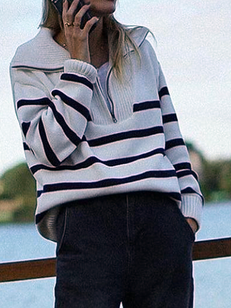 

Long sleeve Striped Henley Simple Sweater, Black-white, Pullovers
