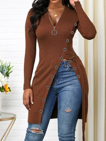 

Tinta Unita Scollo a V Top Cotone, Marrone, Blouses & Shirts