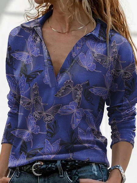 

Loosen Casual Cotton Blends Shirts & Tops, Blue, Long sleeve tops