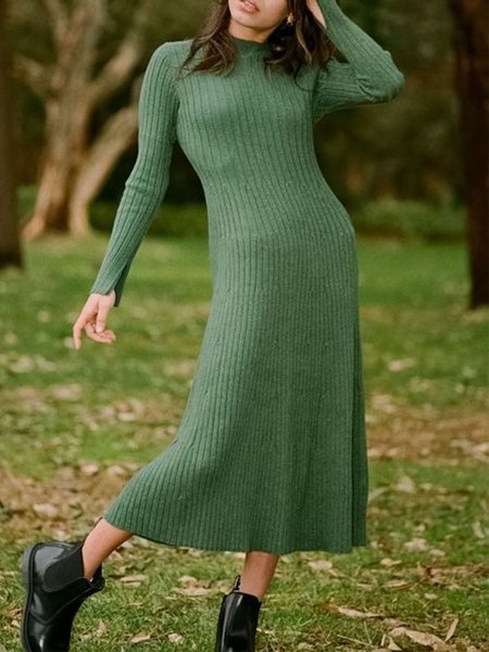 

Casuale Solido A-line alto Collo Maniche Lunghe Abito, Verde, Midi Dresses