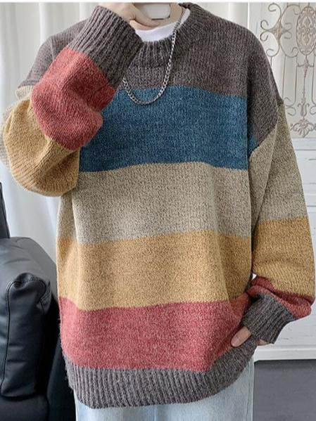 

Jacquard Crew Neck Casual Long Sleeve Sweater, Coffee, Men's Sweater