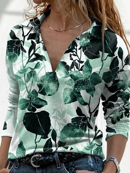 

V Neck Floral Casual Sweatshirt, Green, Hoodies & Sweatshirts