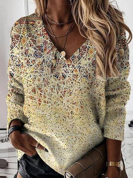 

Casual Long Sleeve V Neck Printed Top, Multicolor, Tops