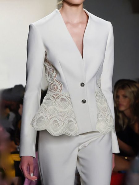 

Vintage Sweet Elegant Slim Fit V Neck Outerwear, White, Coats