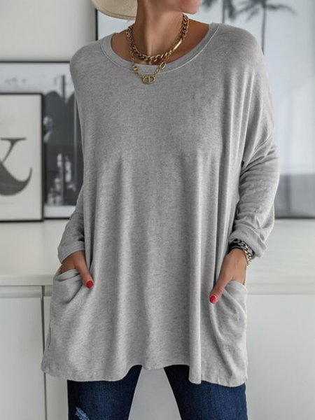 

Loose Plain Round Neck Shirt & Top, Gray, Tunics