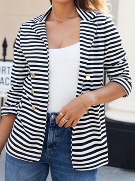

Long sleeve Striped Elegant Regular fit Lapel Outerwear, Black-white, Blazers