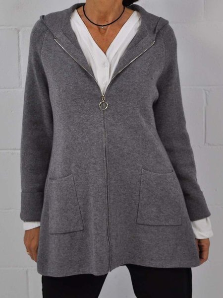 

Plain Loosen Hooded Outerwear, Gray, Outerwear
