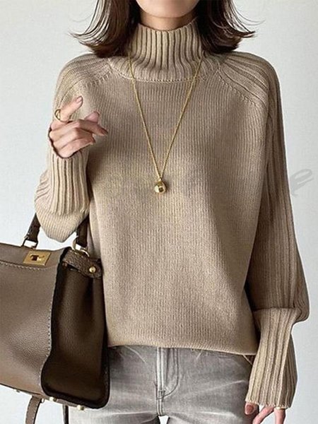 

Acrylic High Neck Simple Sweater, Deep khaki, Sweaters