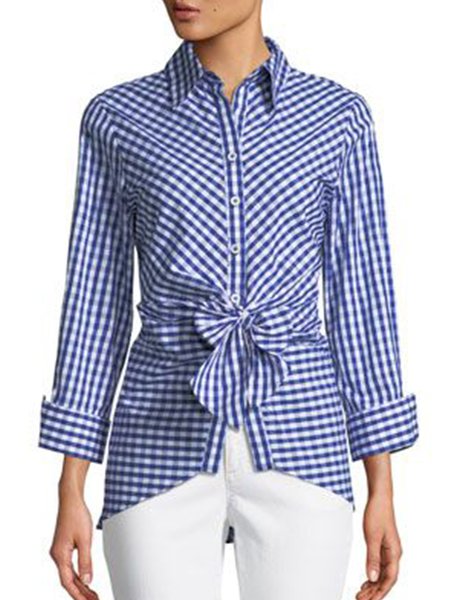 Elegant Checked/Plaid Shirt Collar Top, Blue, Blouses and Shirts