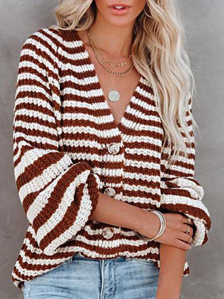 

V neck Casual Vintage Striped Elegant Outerwear, Brown, Cardigans
