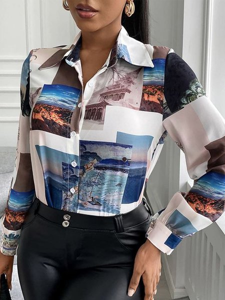 

Elegant Long Sleeve Shirt Collar Printed Top, As picture, Blouses and Shirts