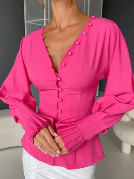 

Work Date Daily V Neck Regular Fit Lady Top, Rose red, Blouses and Shirts
