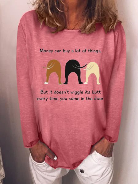 

Funny dog ​​print round neck long sleeve T-shirt, Pink, Long sleeves