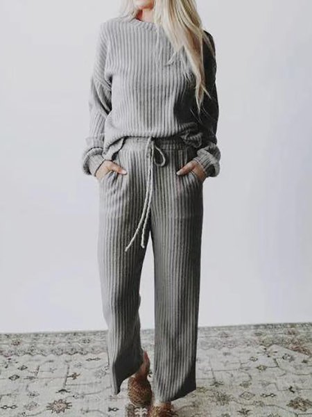 Semplice Tinta unita Maniche Lunghe costola Suits, Grigio, Suit