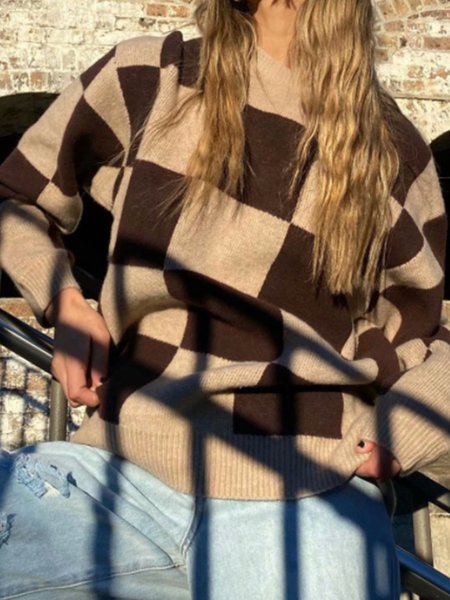 

Long Sleeve Grid Vintage Loosen Sweater, As picture, Pullovers