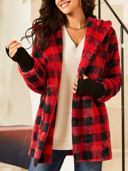

Red and black plaid plush hooded jacket, Coats