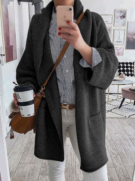 

Casual Wool/Knitting Hooded Outerwear, Black, Cardigans