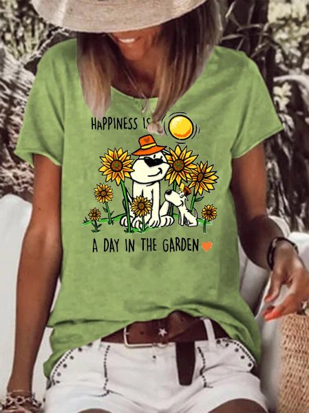 

Funny dog ​​print round neck short sleeve T-shirt, Green, T-shirts