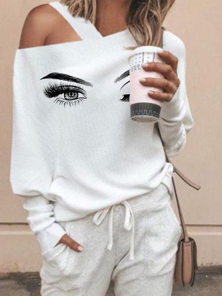 

Off The Shoulder Batwing Cotton Graffiti Shirts & Tops, White, T-Shirts