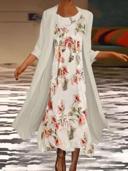 

Elegant Floral Loosen Dresses, White-yellow, Midi Dresses