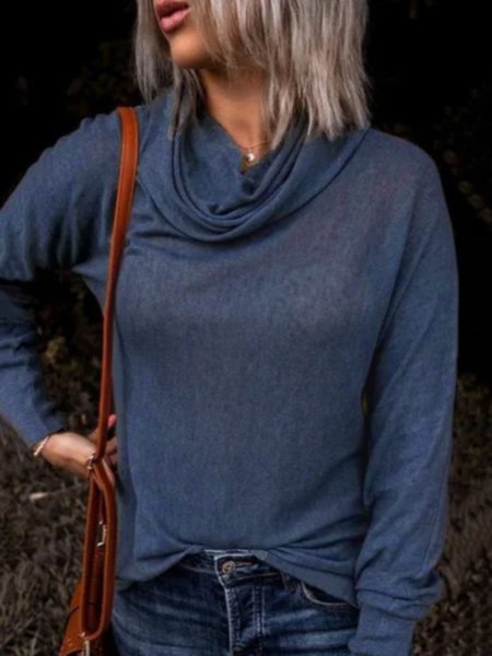 

Long Sleeve Plus Size Cowl Neck Tops T-Shirts, Blue, T-Shirts